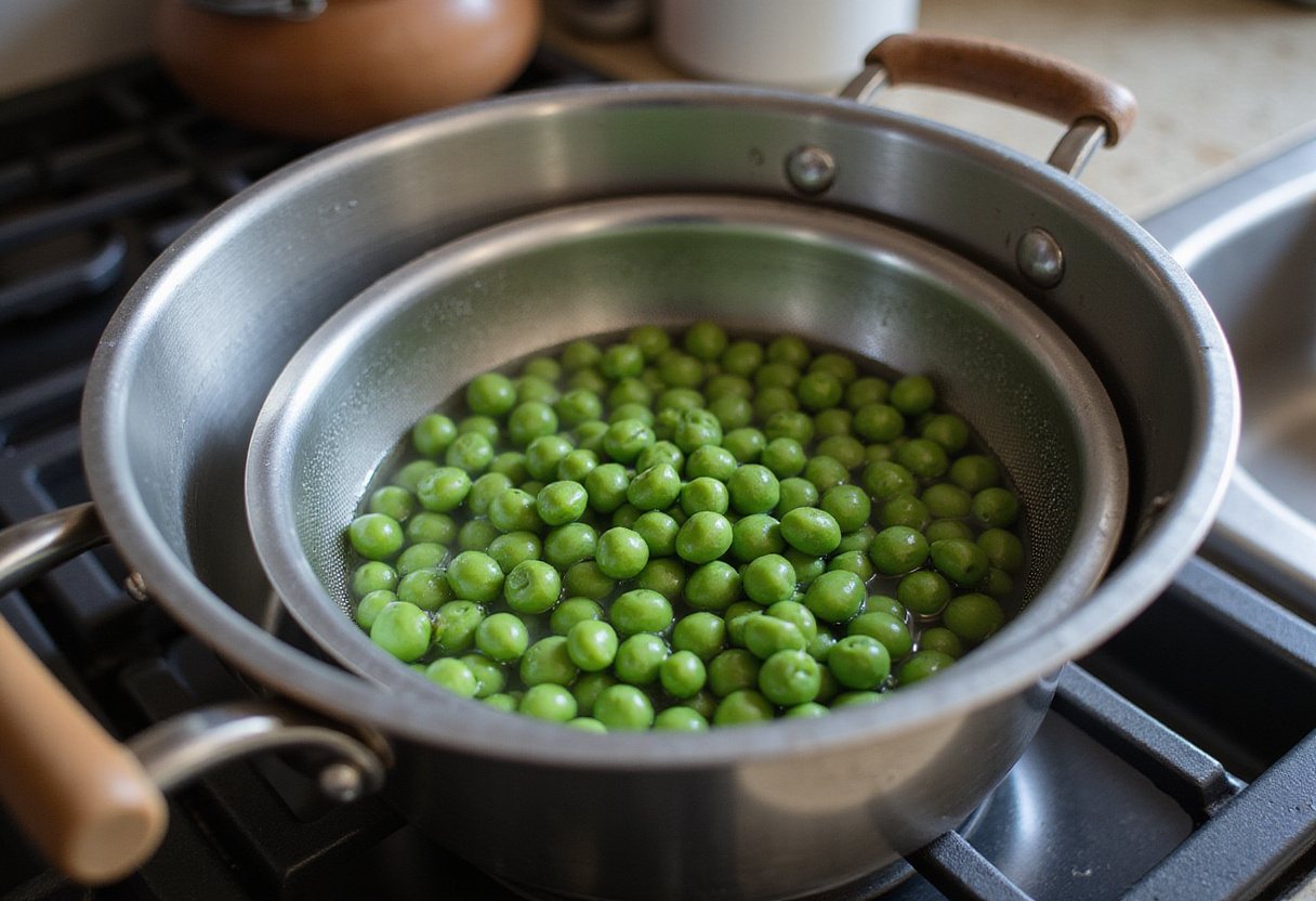 Simmering water ready for cooking peas for Spring Pea Salad.