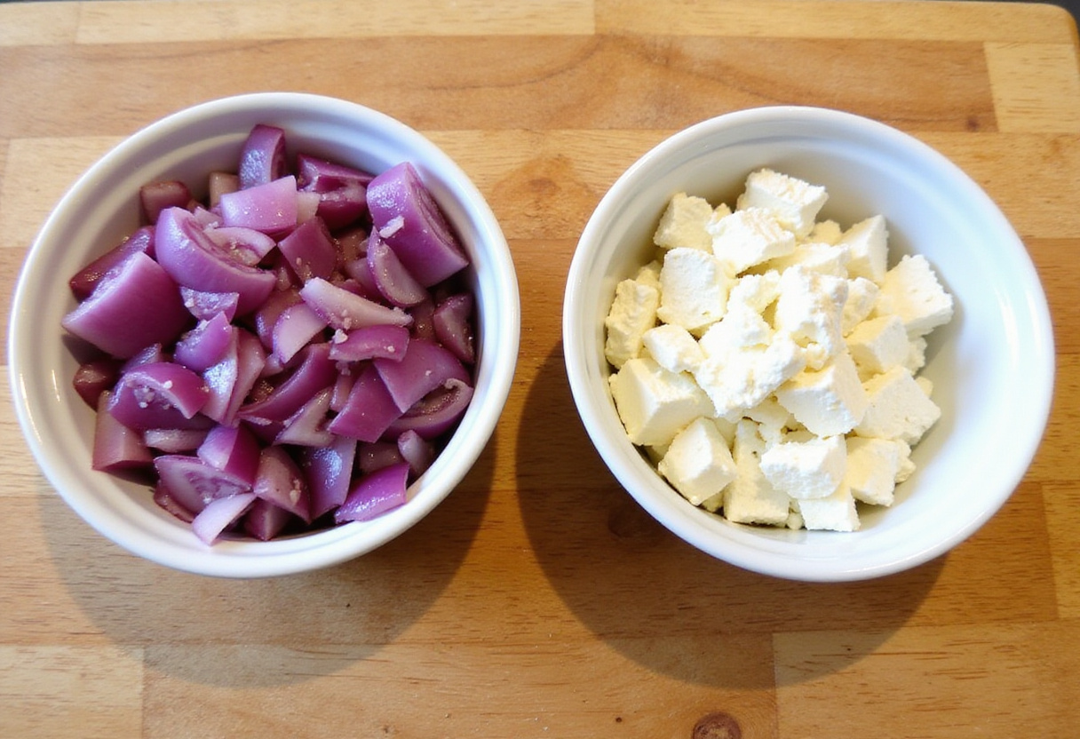Diced red onion and crumbled feta cheese for Quick Spring Pea Salad.