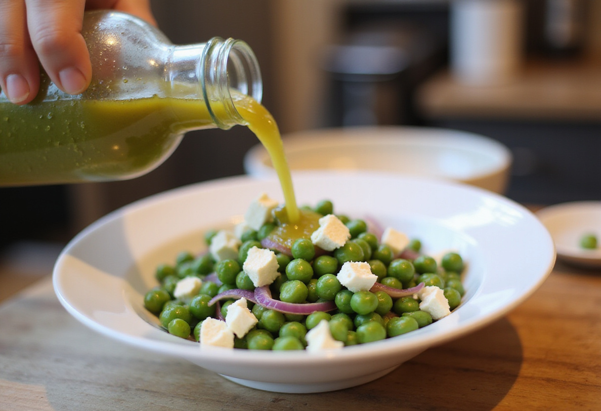 Vinaigrette dressing being added to pea salad ingredients.