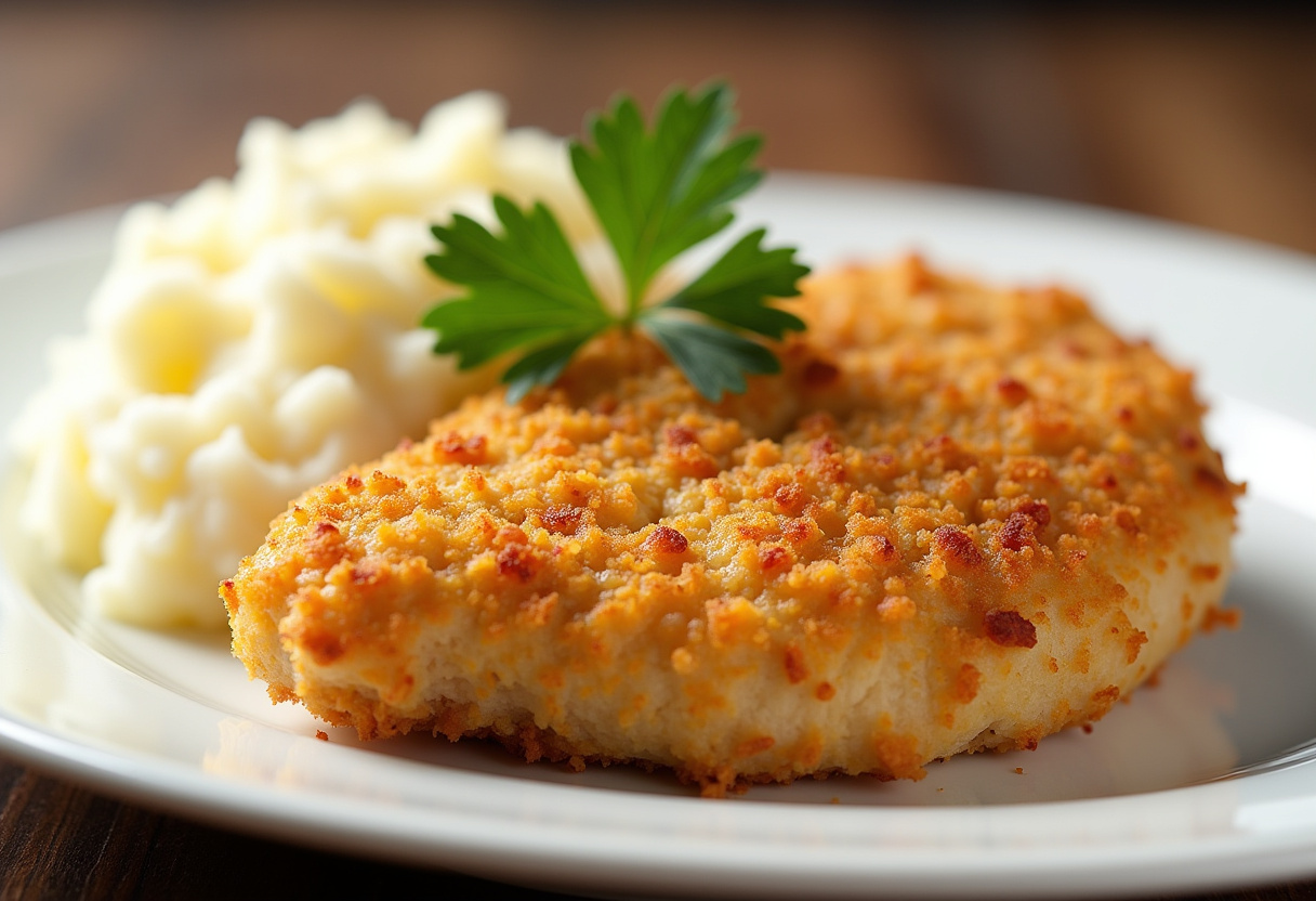 Delicious golden Ritz Cracker Chicken with mashed potatoes, ready to serve.