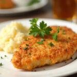 Delicious golden Ritz Cracker Chicken with mashed potatoes, ready to serve.