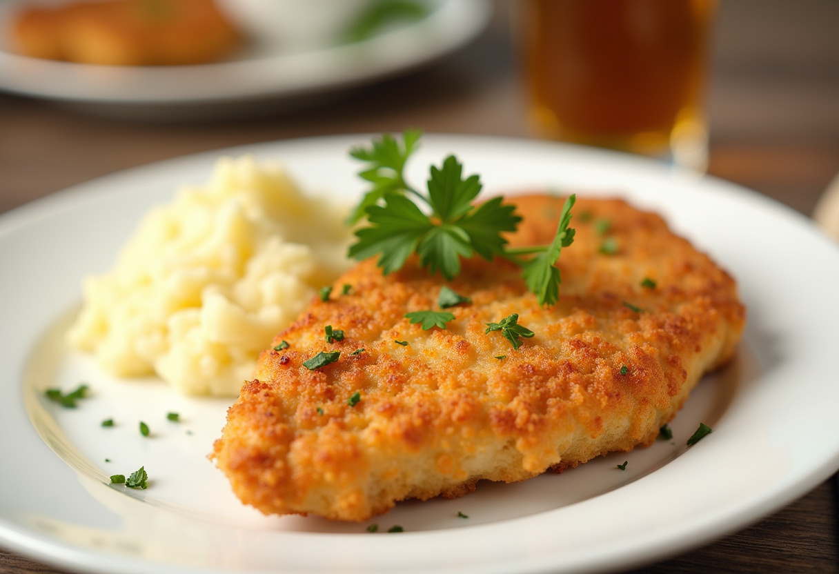 Delicious golden Ritz Cracker Chicken with mashed potatoes, ready to serve.