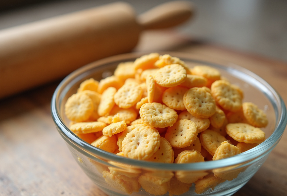 Crushed Ritz crackers in a bowl for making Ritz Cracker Chicken.