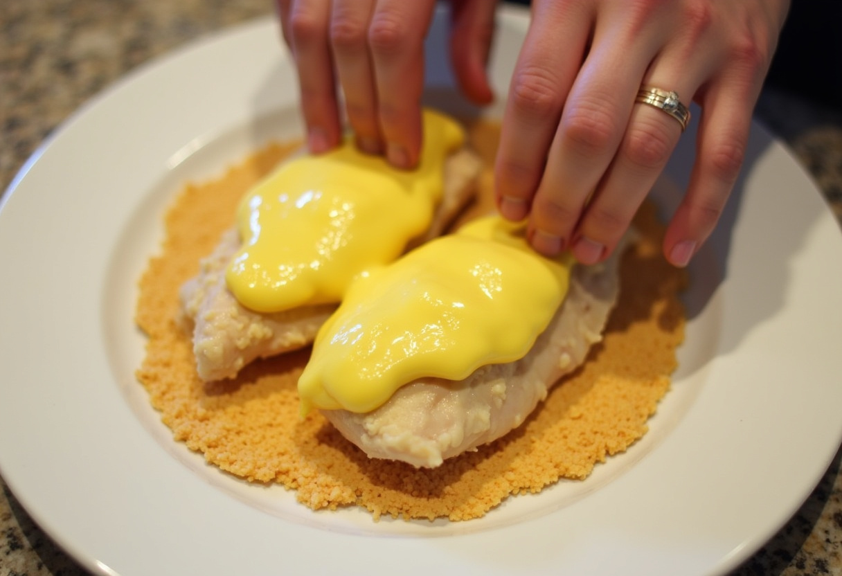 Chicken breasts coated with crushed Ritz crackers for baking.