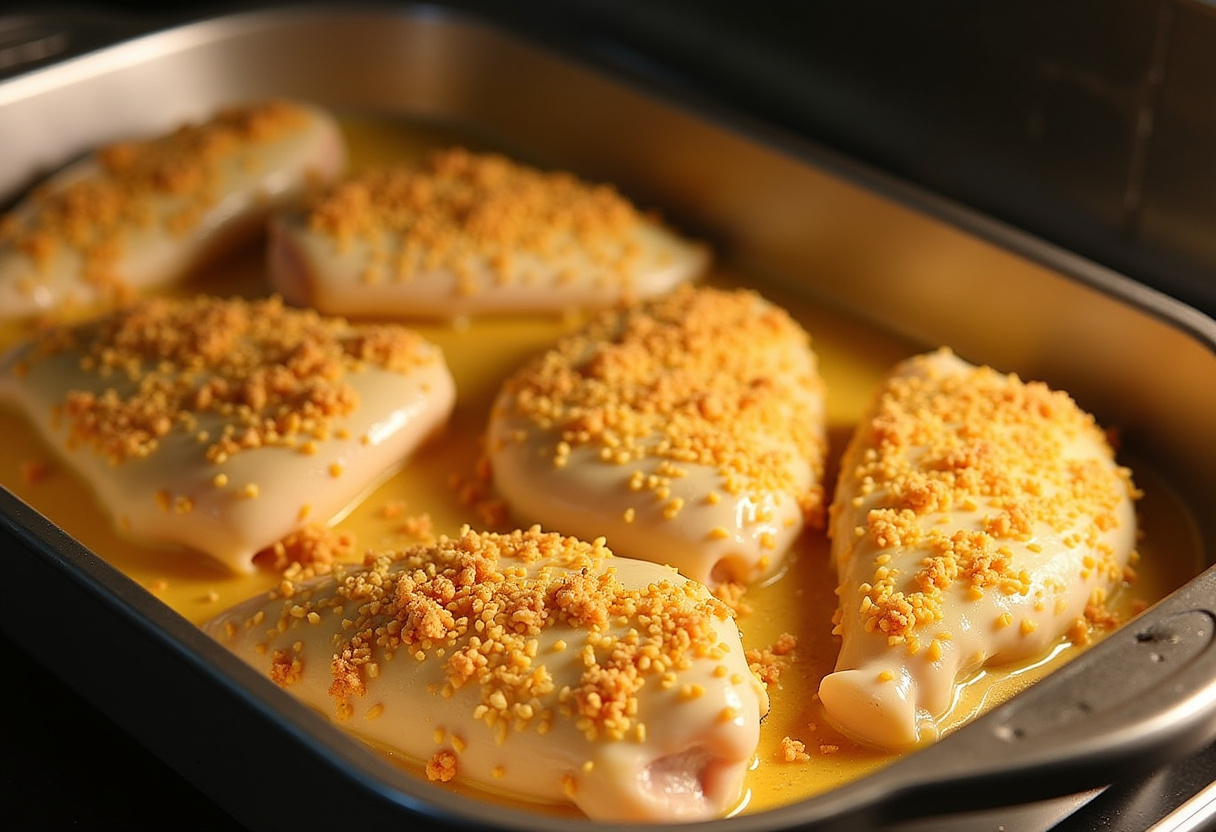 Baking dish with Ritz Cracker Chicken ready for the oven.