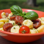 Finished Salami-Mozzarella Tortellini Pasta Salad with fresh basil garnish, perfect for picnics.
