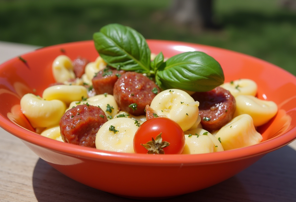 Finished Salami-Mozzarella Tortellini Pasta Salad with fresh basil garnish, perfect for picnics.
