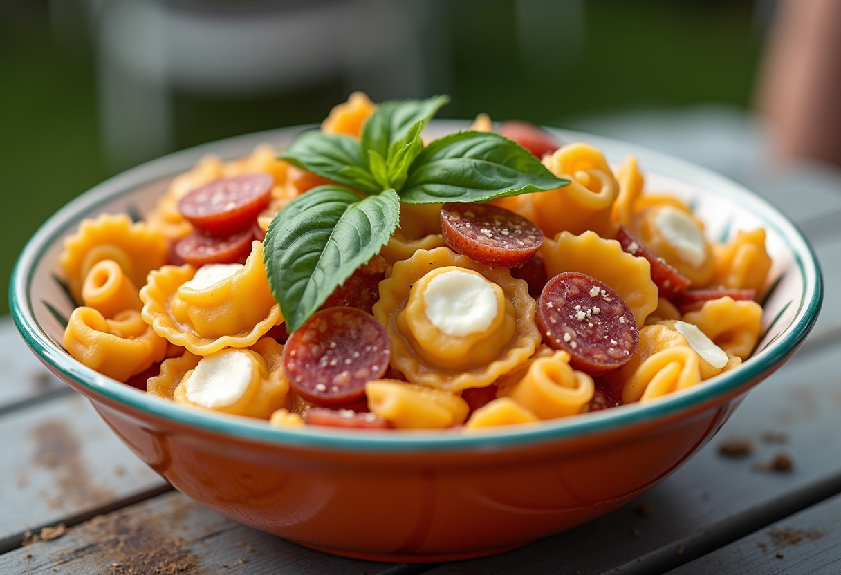 Finished Salami-Mozzarella Tortellini Pasta Salad with fresh basil garnish, perfect for picnics.