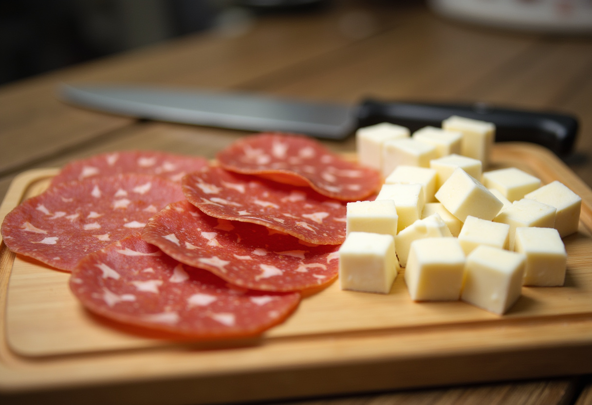 Sliced salami and cubed mozzarella cheese for Salami-Mozzarella Tortellini Pasta Salad.
