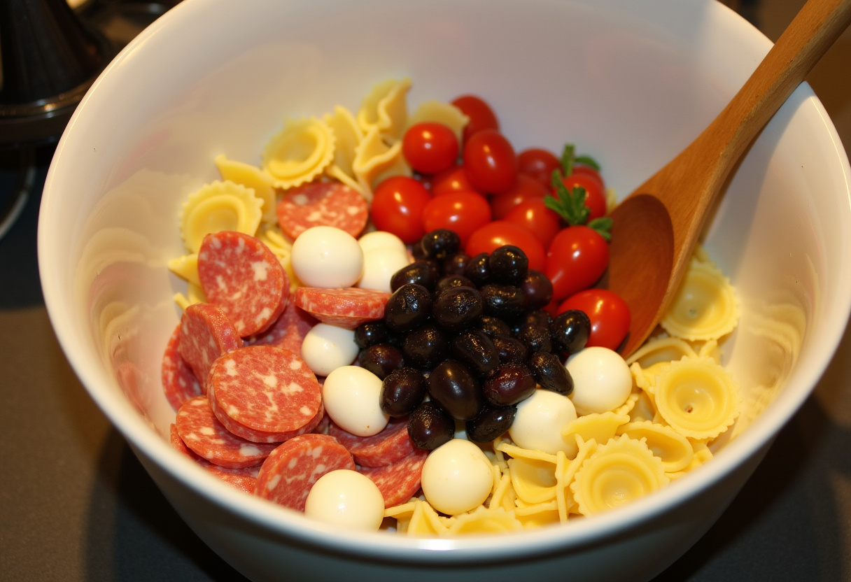 Mixing bowl with tortellini, salami, mozzarella, tomatoes, and olives for pasta salad.