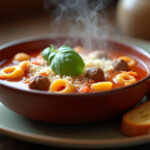 Finished Sausage Tortellini Soup with Parmesan and basil, ready to enjoy.
