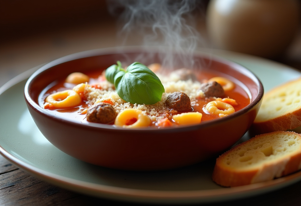 Finished Sausage Tortellini Soup with Parmesan and basil, ready to enjoy.