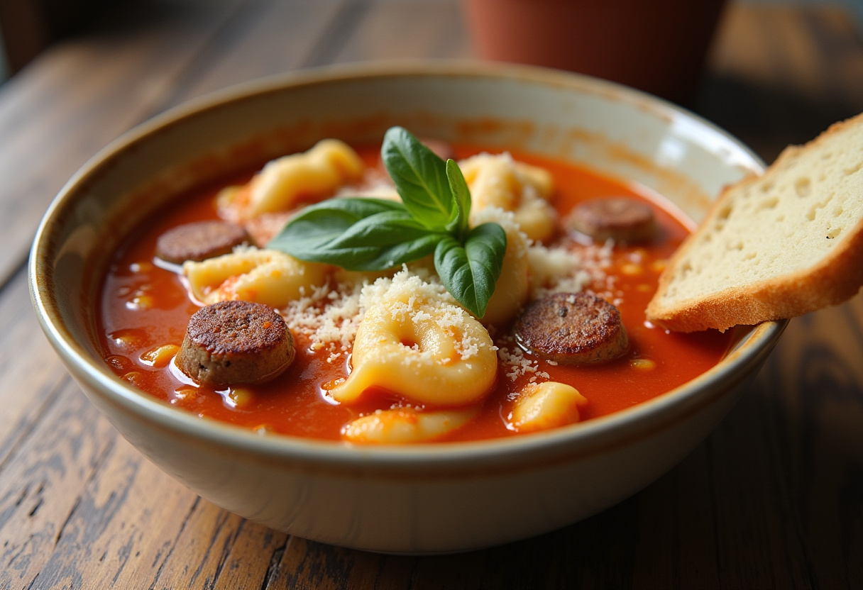 Finished Sausage Tortellini Soup with Parmesan and basil, ready to enjoy.