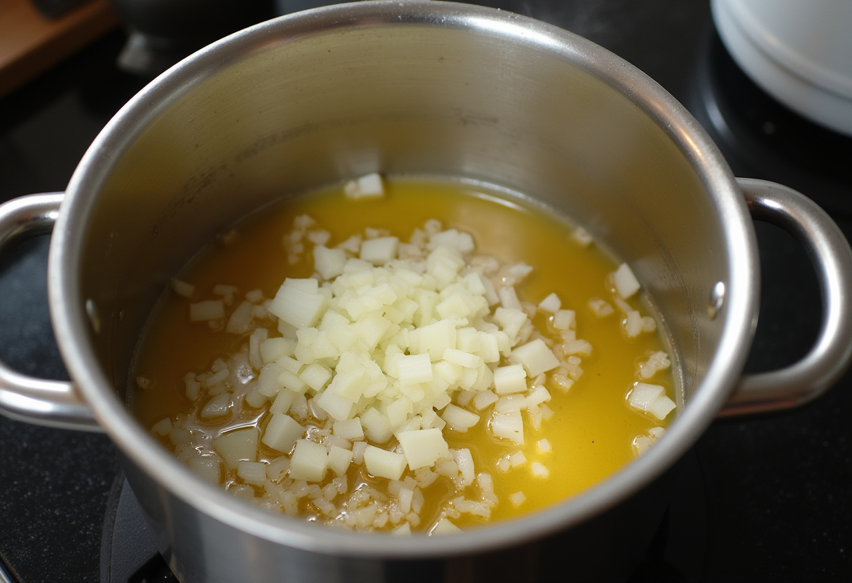 Onions and garlic sautéing in olive oil for Sausage Tortellini Soup.