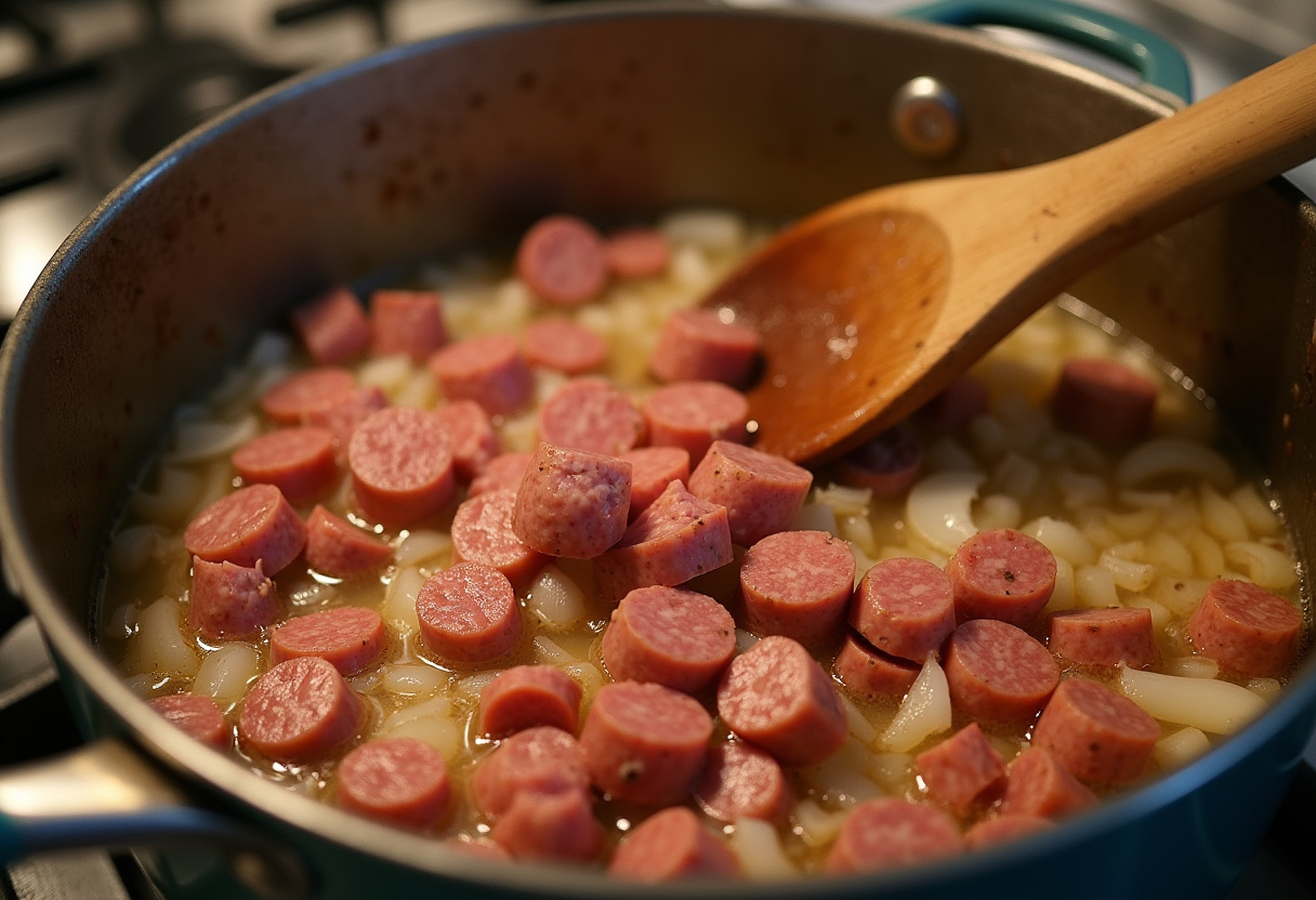 Italian sausage browning with onions and garlic for Sausage Tortellini Soup.