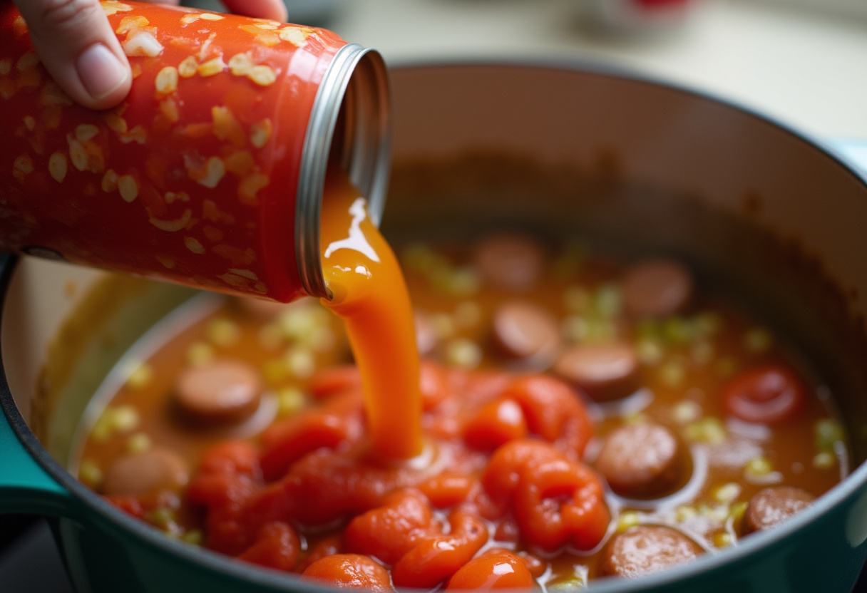 Crushed tomatoes and chicken broth added to the pot for Sausage Tortellini Soup.