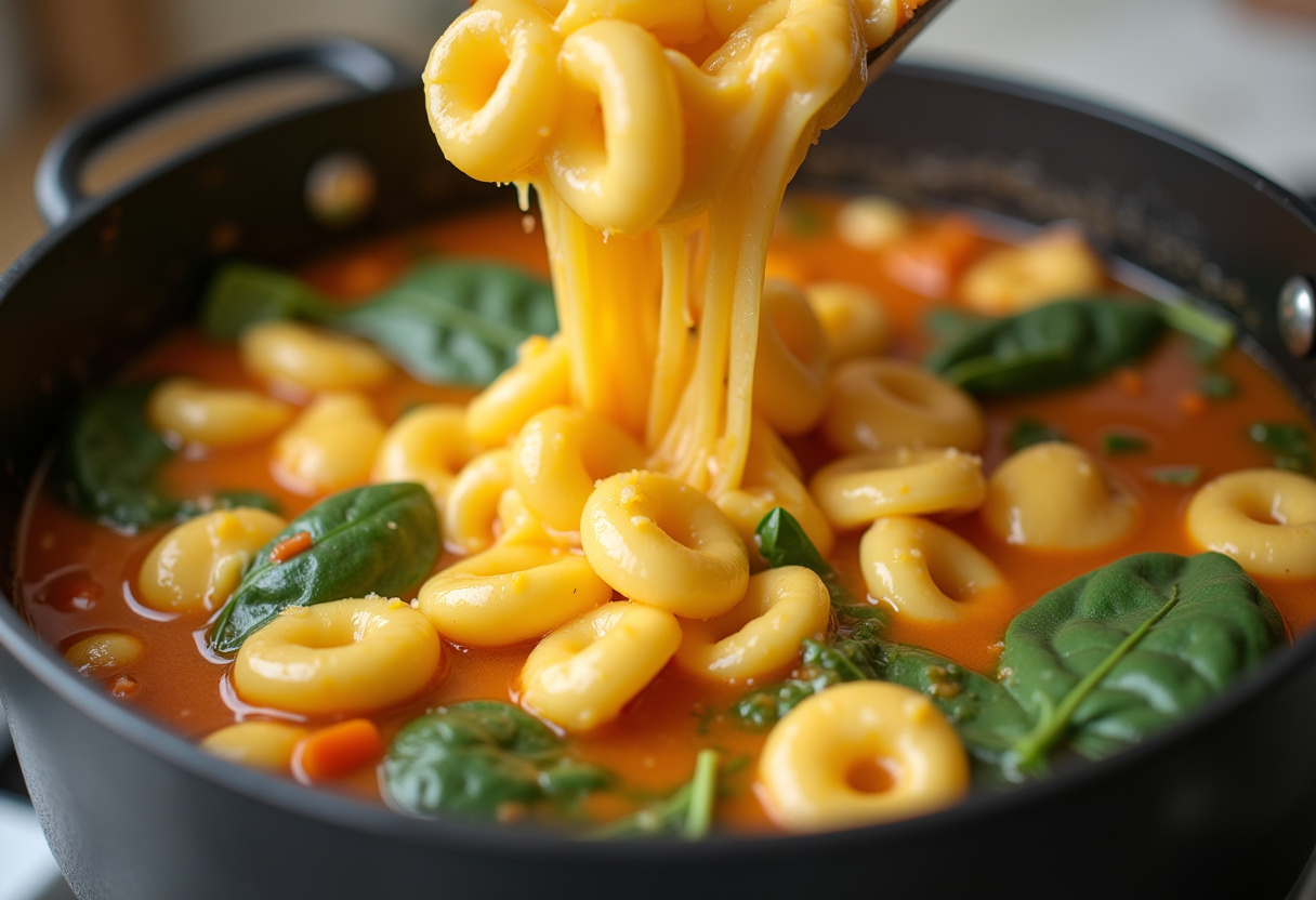 Cheese tortellini and spinach being added to the simmering Sausage Tortellini Soup.