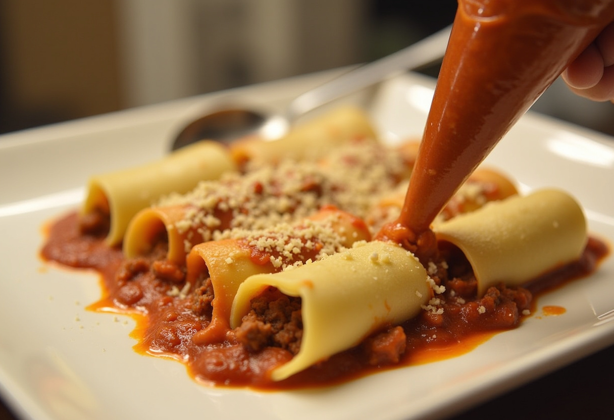 Filling manicotti pasta shells with ground beef and cheese mixture for Shotgun Shells.