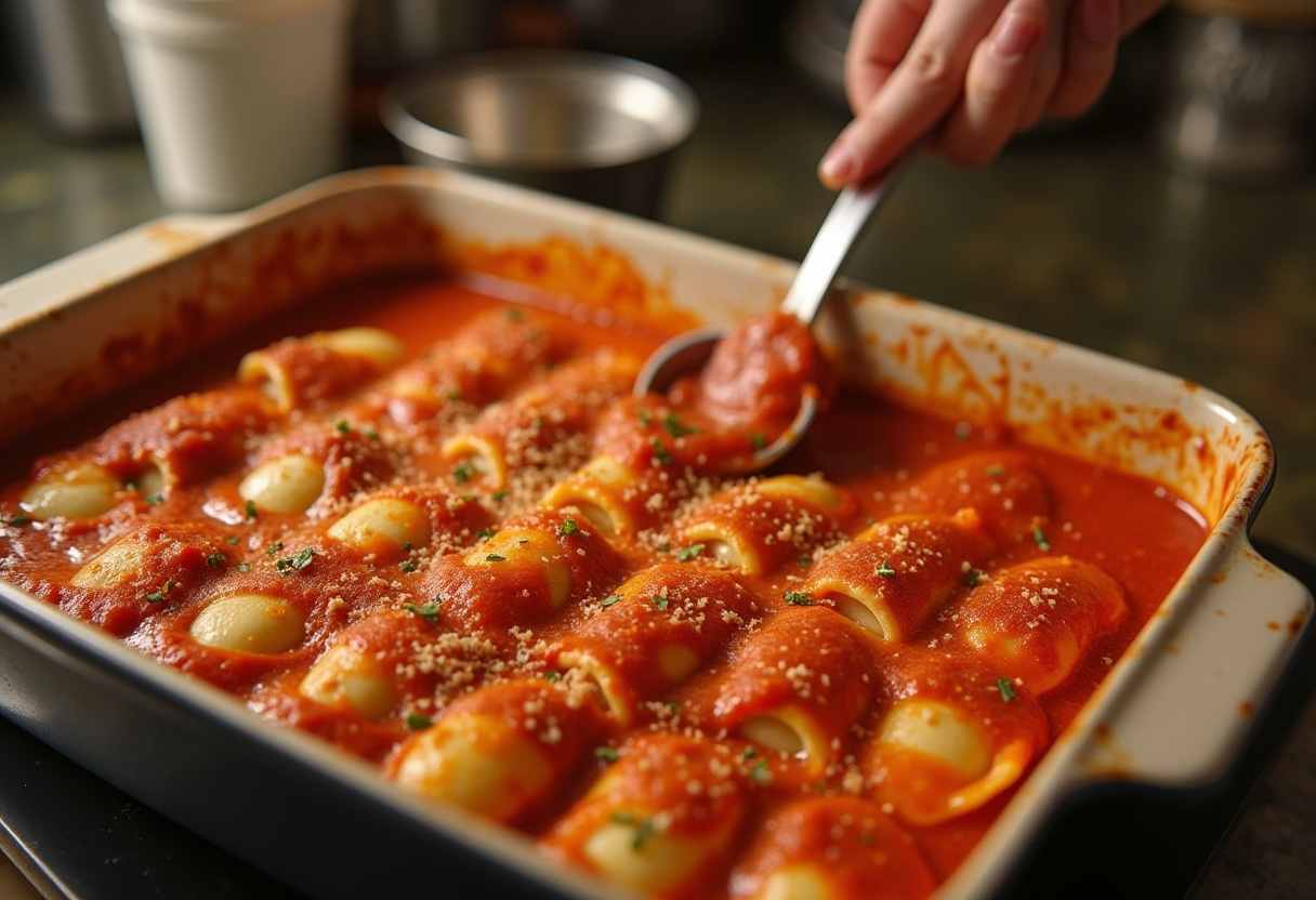 Filled manicotti shells covered in marinara sauce for baking Shotgun Shells.