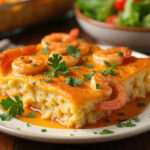 Baked Shrimp Casserole with melted cheese and crispy topping, ready to serve.