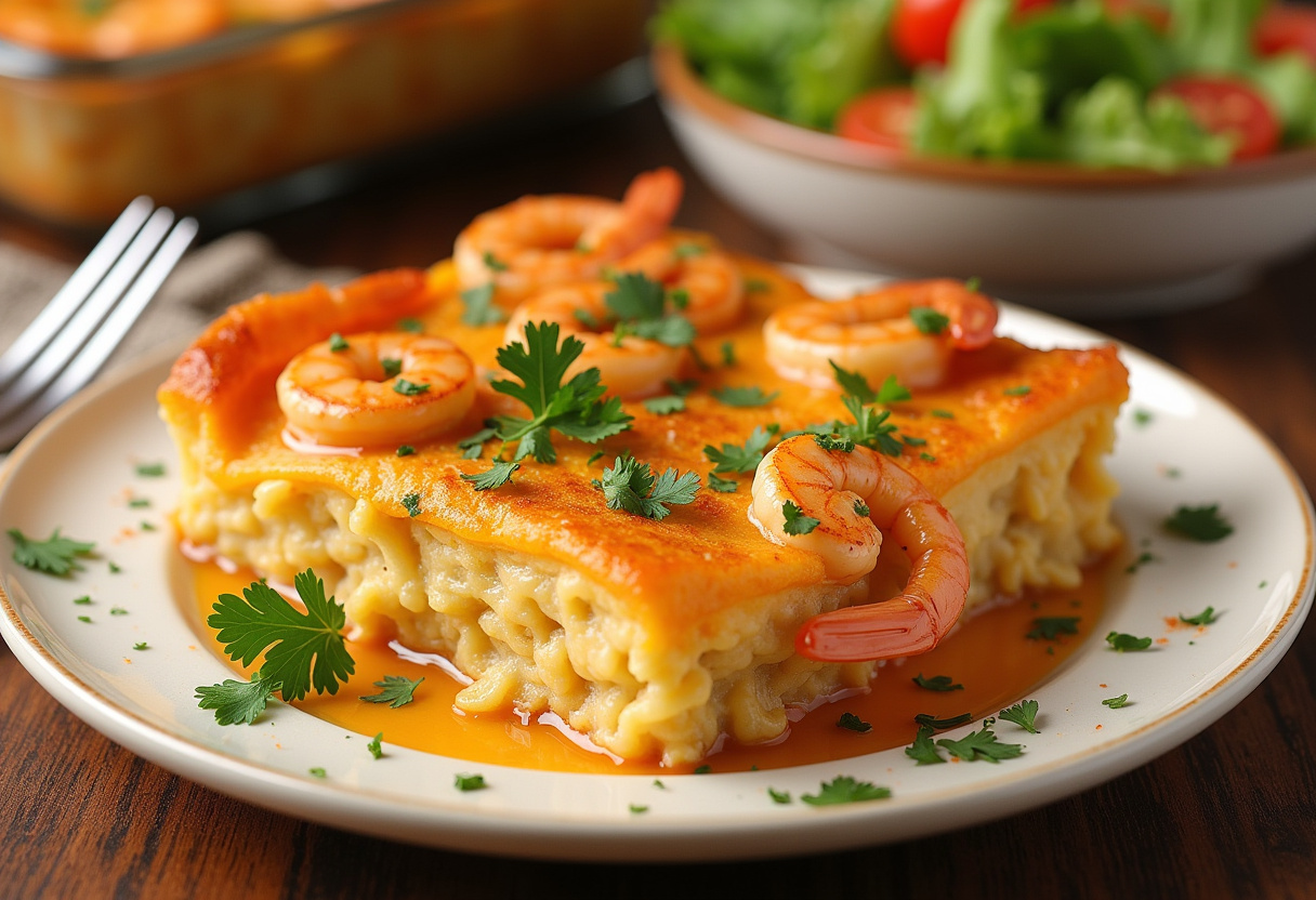 Baked Shrimp Casserole with melted cheese and crispy topping, ready to serve.