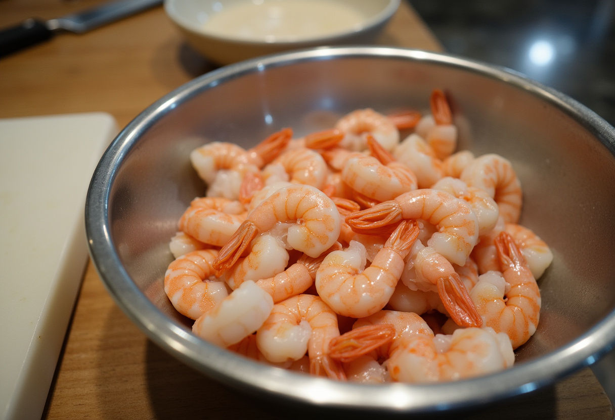 Peeled and deveined shrimp in a mixing bowl for Shrimp Casserole preparation.