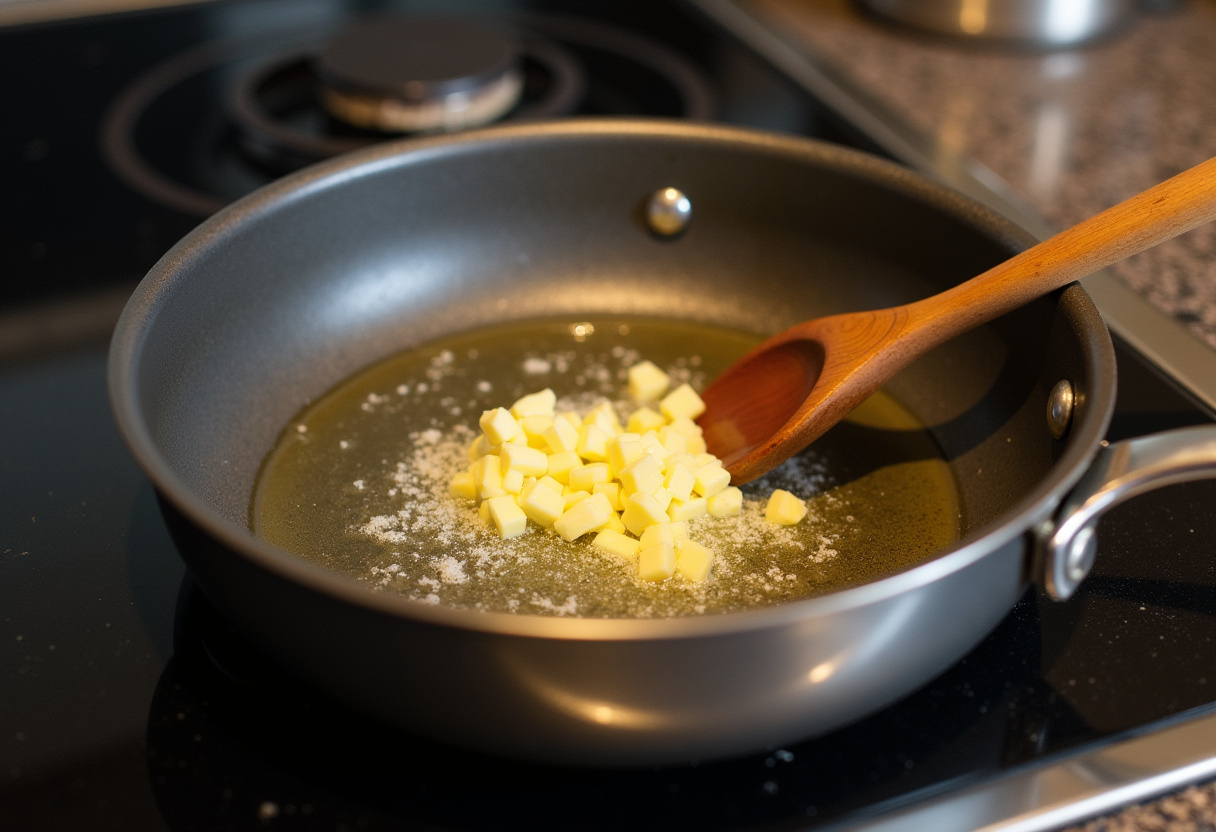 Garlic and butter simmering in a saucepan for Shrimp Casserole base.