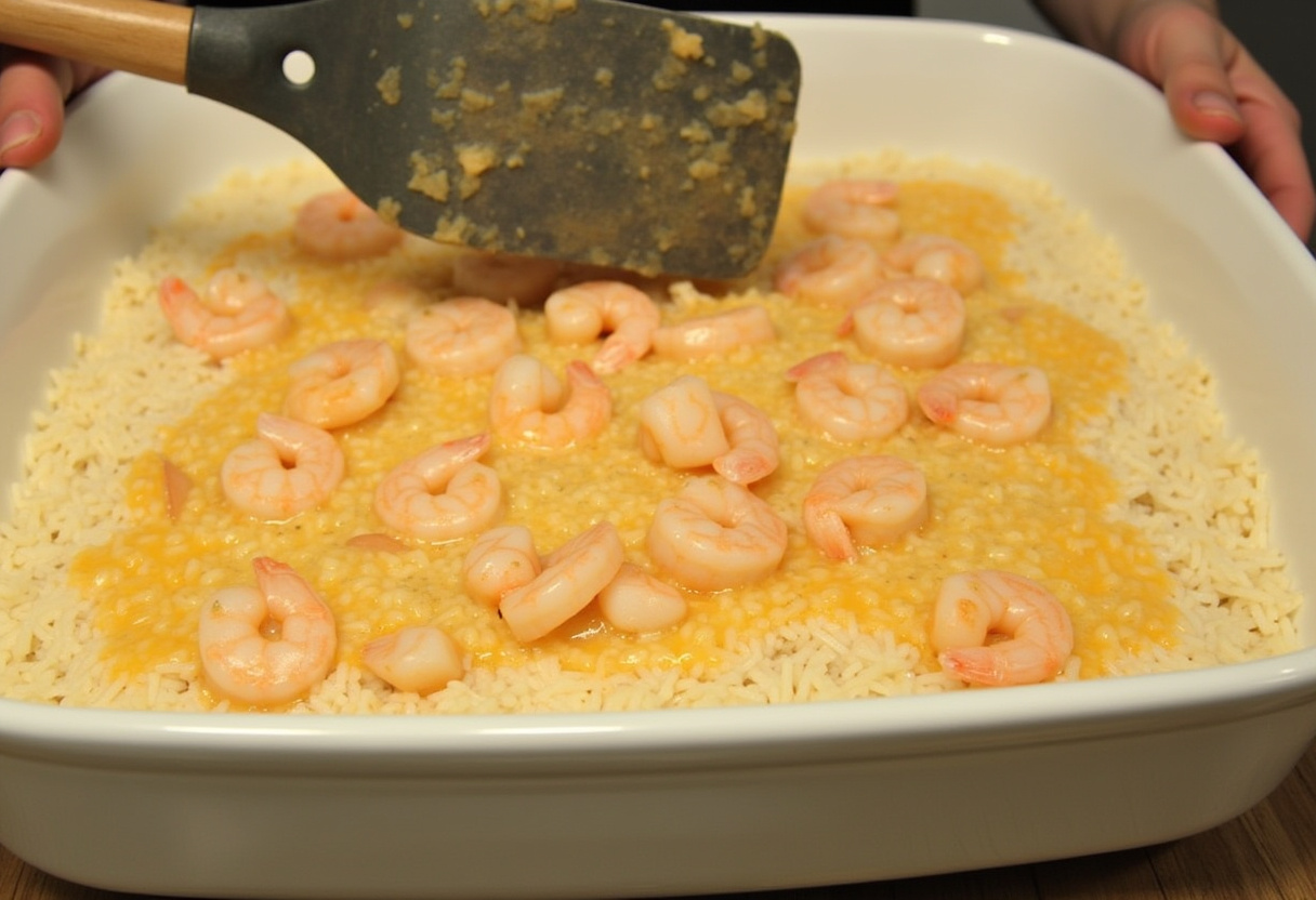 Layering cooked rice, shrimp, and garlic butter in a casserole dish.