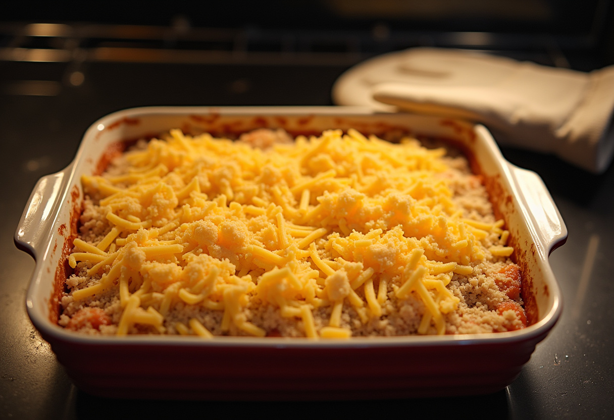 Shrimp Casserole topped with cheese and breadcrumbs before baking.