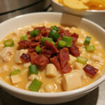 Delicious Slow Cooker Cream Cheese Crack Chicken Chili topped with bacon and green onions, ready to serve.
