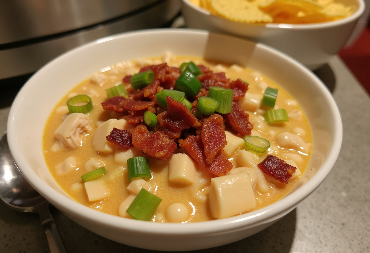 Delicious Slow Cooker Cream Cheese Crack Chicken Chili topped with bacon and green onions, ready to serve.