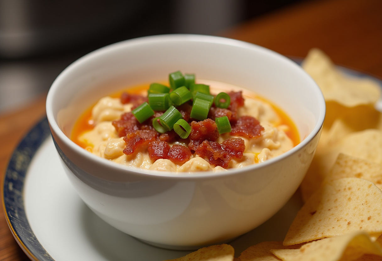 Delicious Slow Cooker Cream Cheese Crack Chicken Chili topped with bacon and green onions, ready to serve.