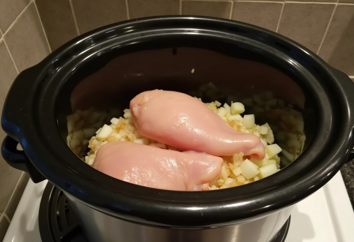 Raw chicken breasts with onions and garlic in a slow cooker for Cream Cheese Crack Chicken Chili.