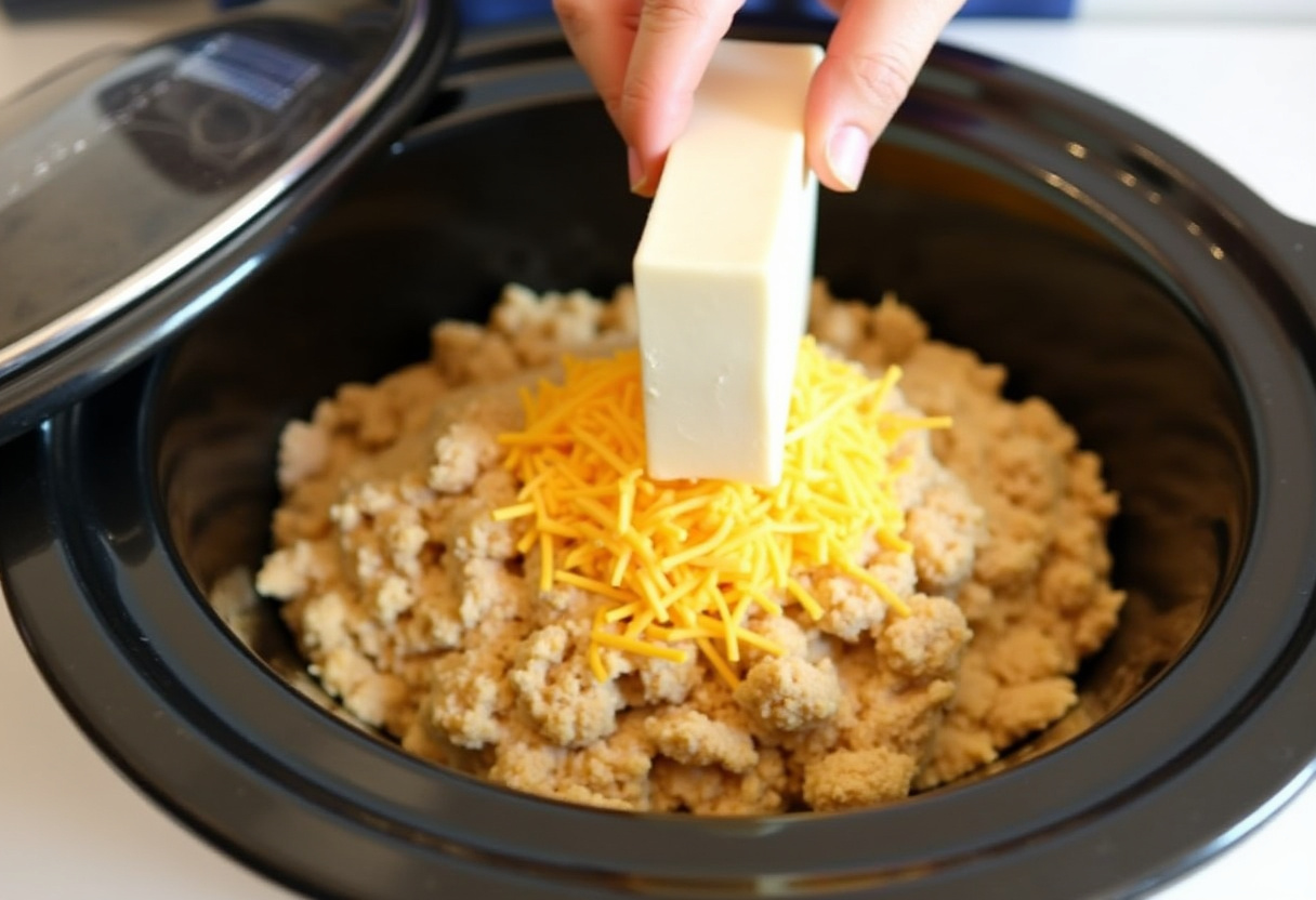 Cream cheese and cheddar cheese added to slow cooker for Cream Cheese Crack Chicken Chili.