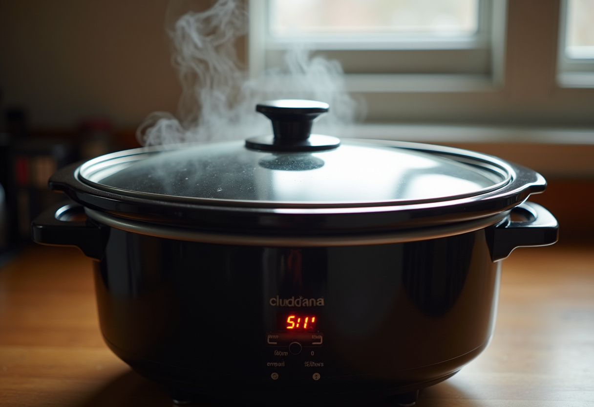 Slow cooker with Cream Cheese Crack Chicken Chili cooking on low heat.