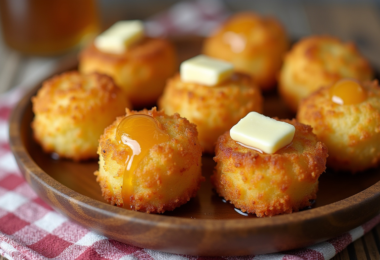 Golden Southern-Style Honey Butter Cornbread Poppers drizzled with honey and butter.