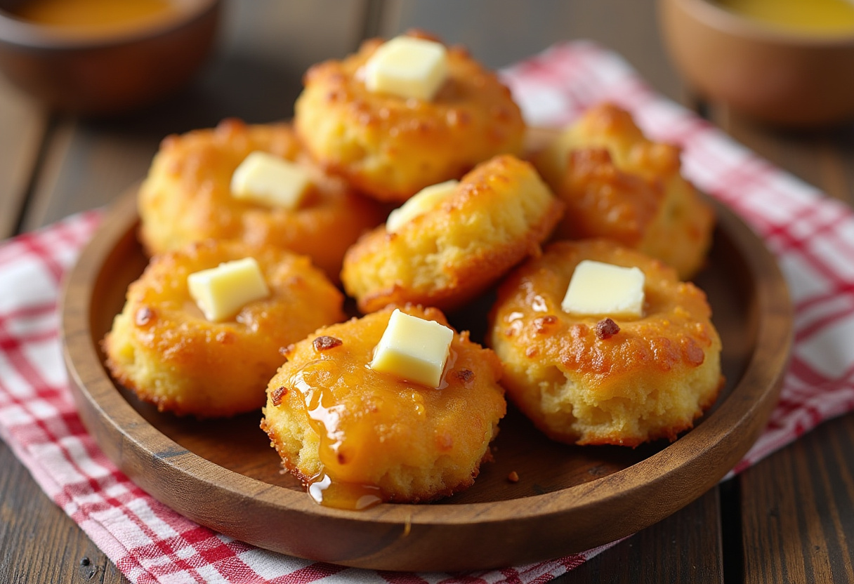 Southern-Style Honey Butter Cornbread Poppers drizzled with honey and butter, ready to serve.