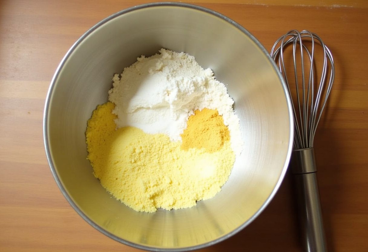 Mixing bowl with cornmeal, flour, and baking powder for Southern-Style Honey Butter Cornbread Poppers.