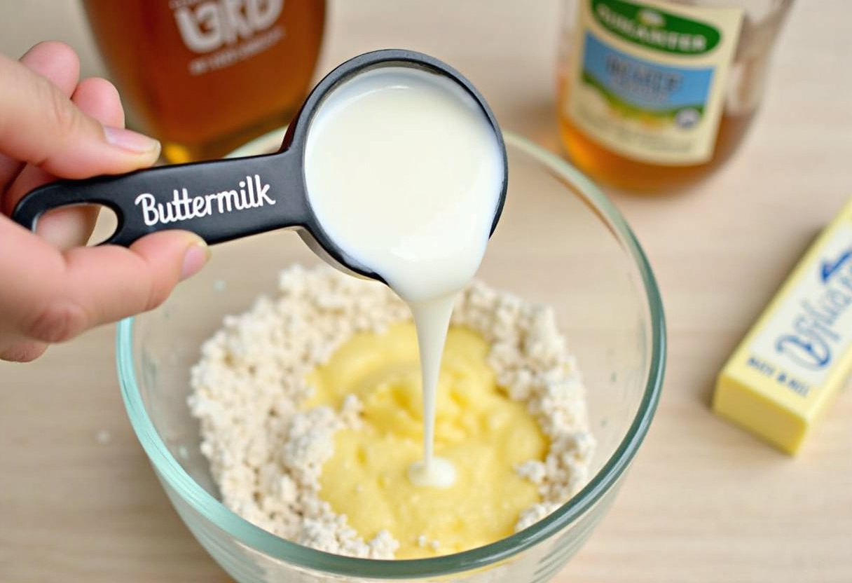 Buttermilk being added to dry ingredients for Southern-Style Honey Butter Cornbread Poppers.