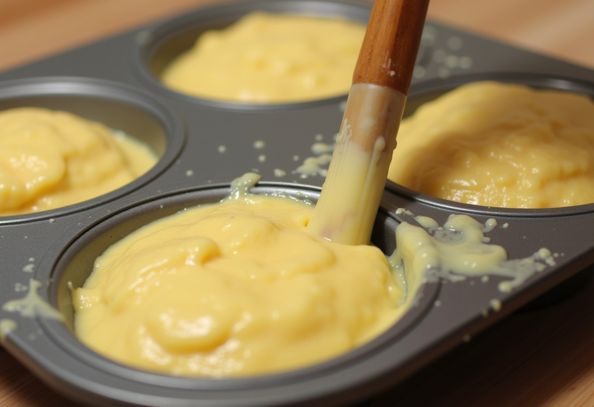 Muffin tin being prepared for Southern-Style Honey Butter Cornbread Poppers.