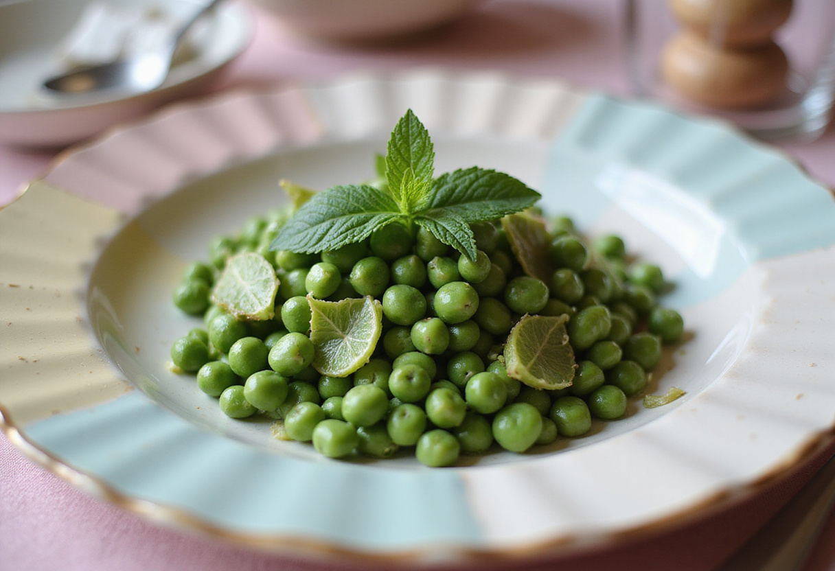 Delicious Spring Pea Salad garnished with mint, perfect centerpiece for Easter Dinner.