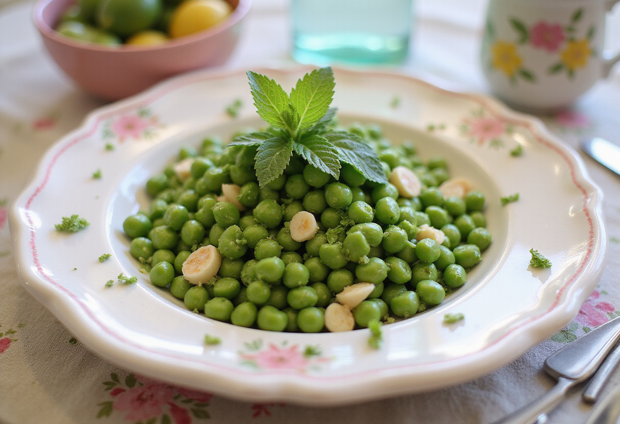 Delicious Spring Pea Salad garnished with mint, perfect centerpiece for Easter Dinner.
