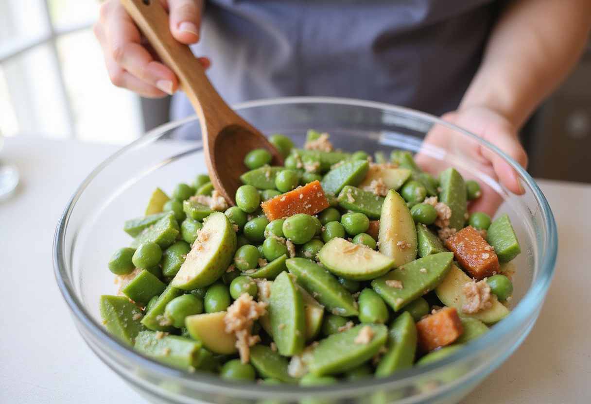 Tossing Spring Pea Salad with creamy dressing, prepared for Easter Dinner.