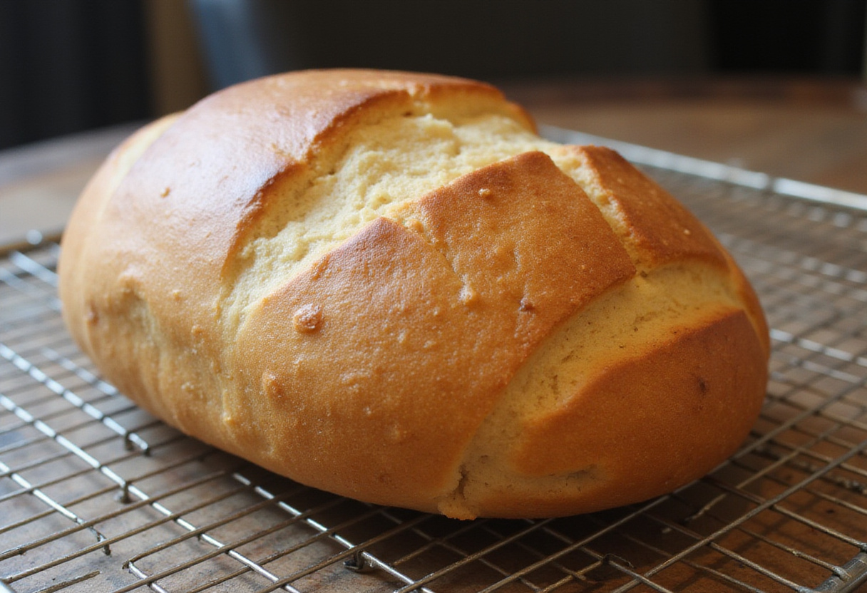 Perfectly baked bread loaf cooling on a rack, made with a bread machine.