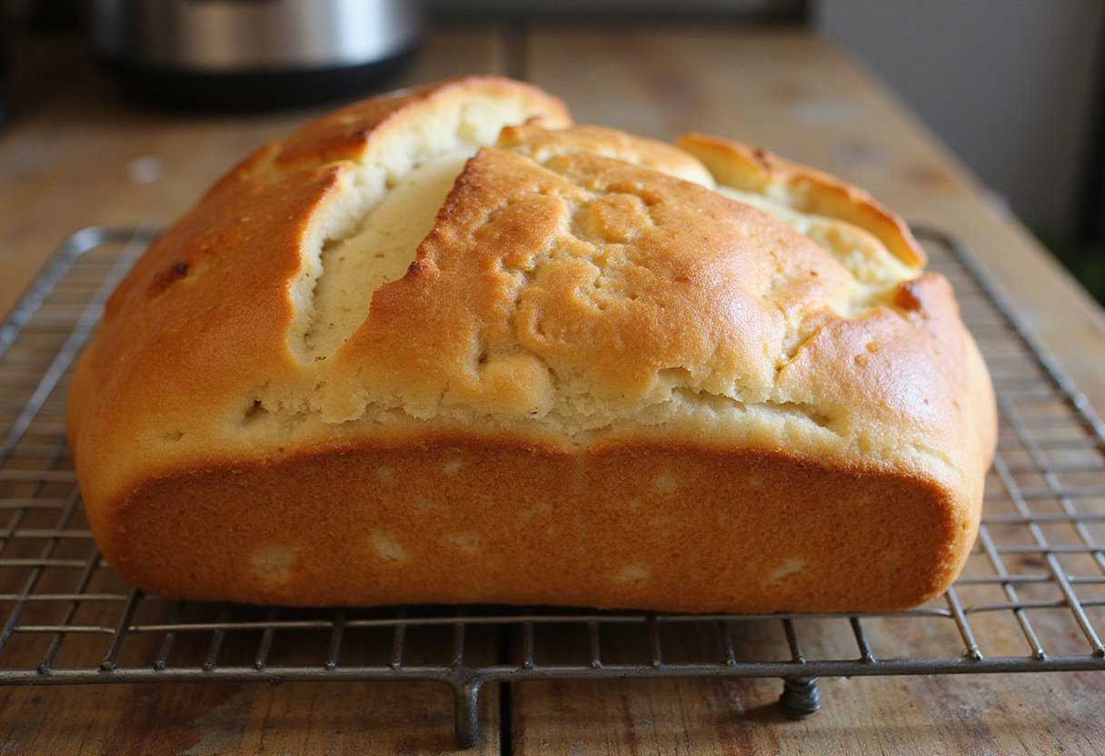 Perfectly baked bread loaf cooling on a rack, made with a bread machine.