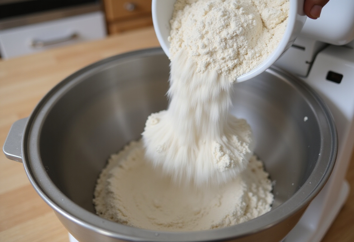 Adding flour to a bread machine for a perfect loaf of bread.