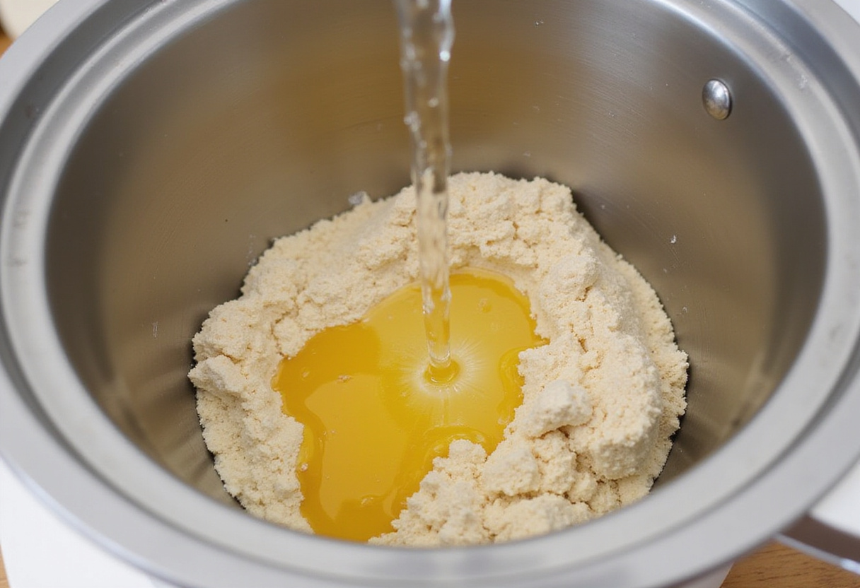 Pouring liquid ingredients into a bread machine for a bread recipe.