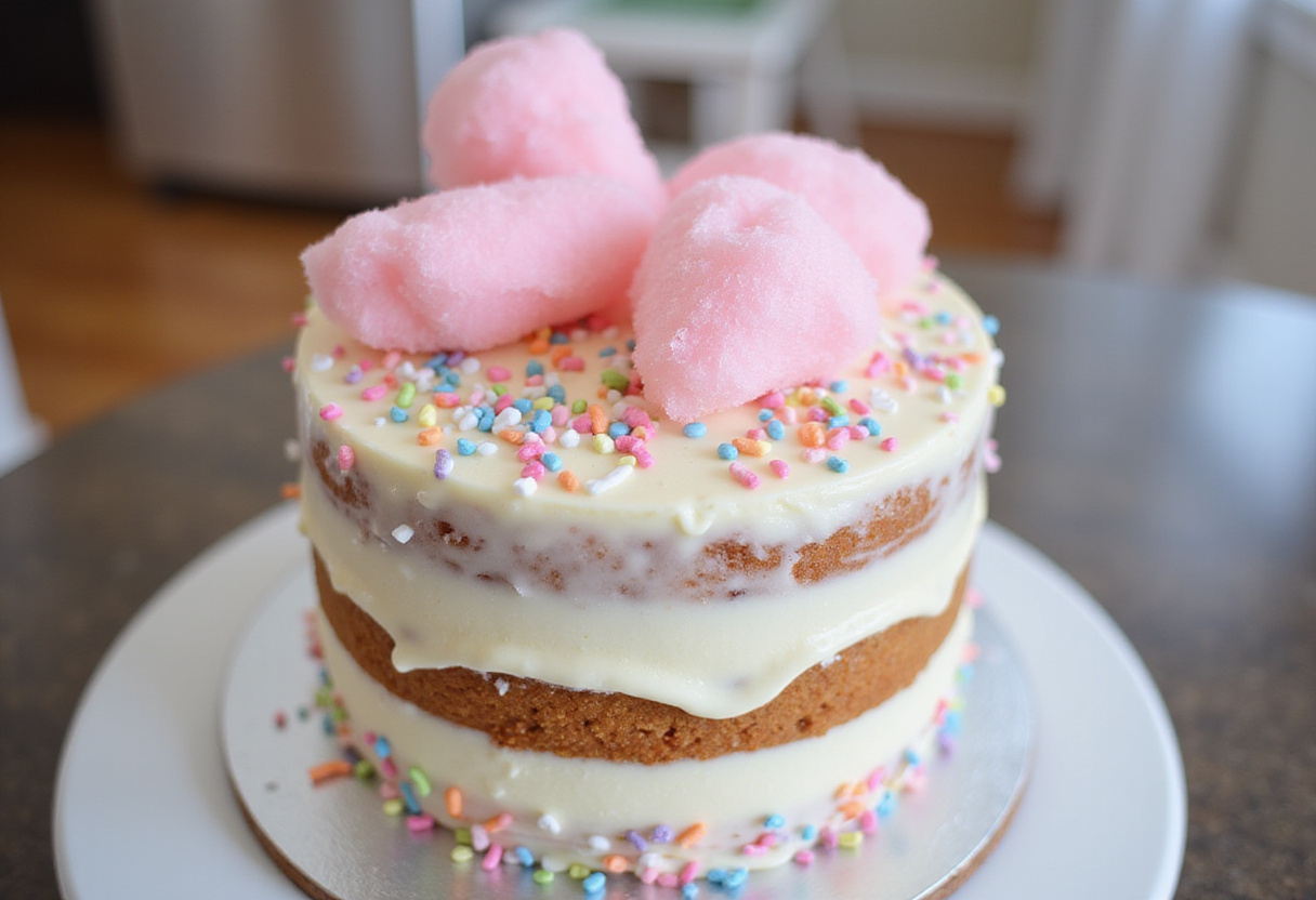 Finished Cotton Candy Cake with sprinkles and cotton candy decoration.