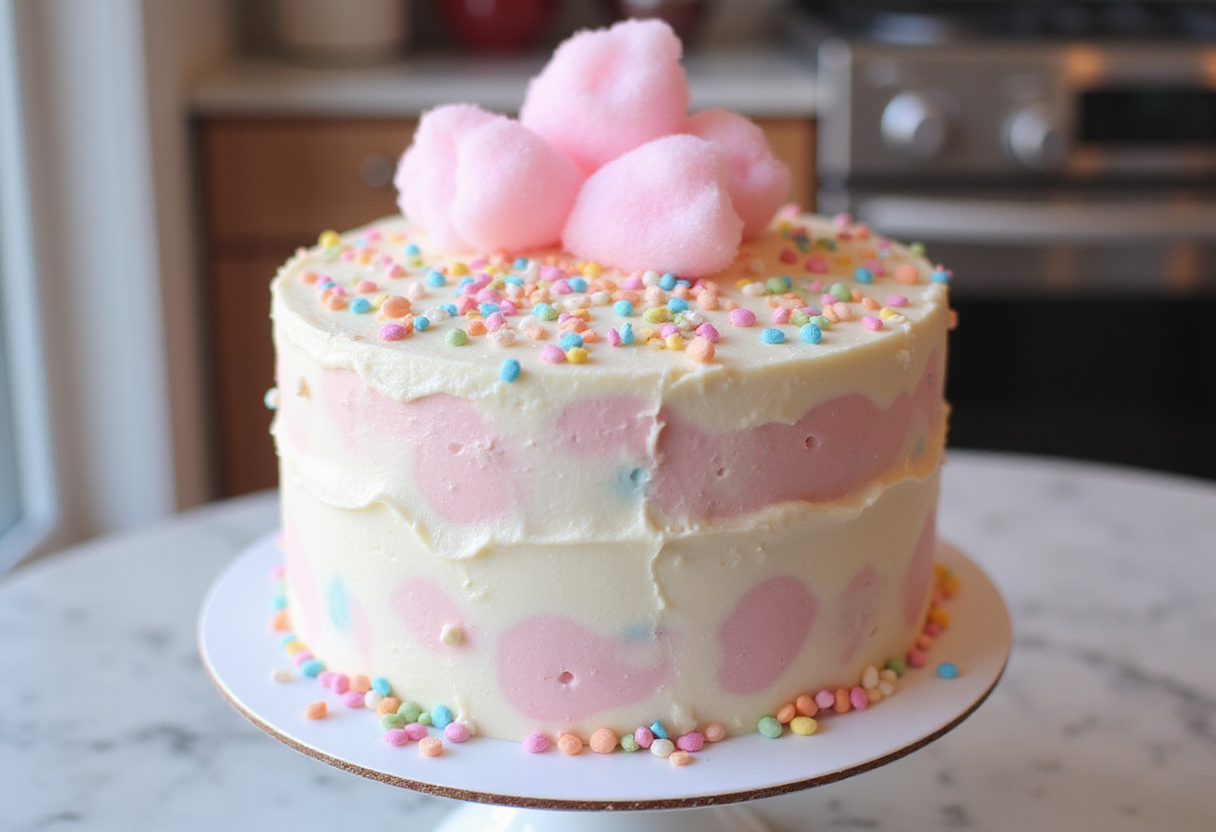 Finished Cotton Candy Cake with sprinkles and cotton candy decoration.