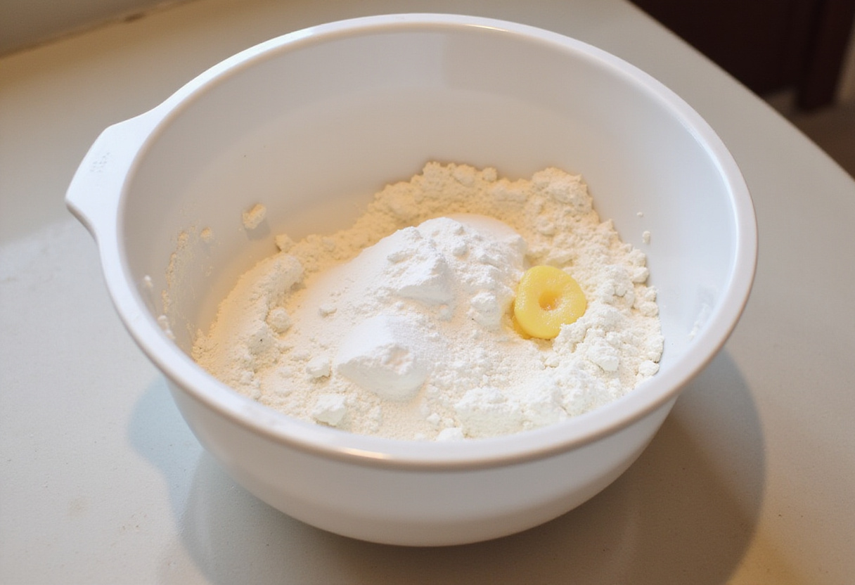 Dry ingredients for Cotton Candy Cake in a mixing bowl.